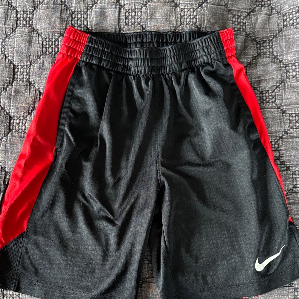 Nike Black Shorts with Red Side Panels and White Swoosh